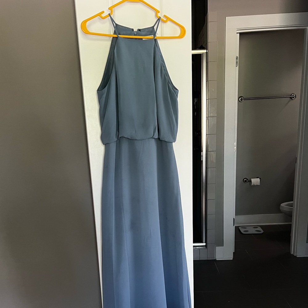 High neck, dusty blue gown